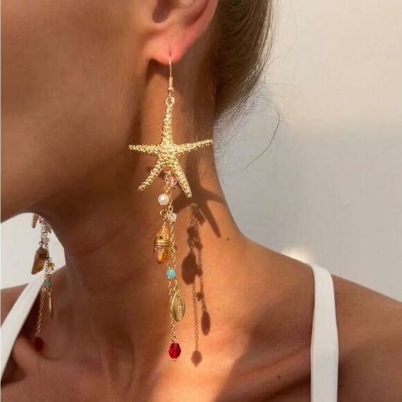 Gold Starfish Dangle Earrings N888 - Picture 1 of 4
